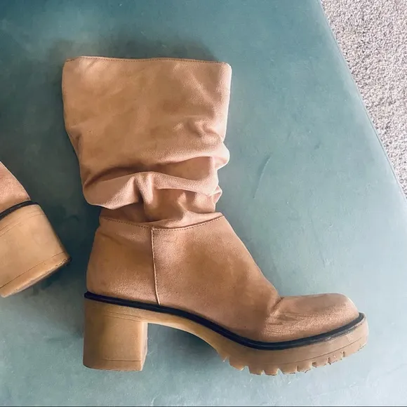Boutique tan faux suede mid calf slouchy boots