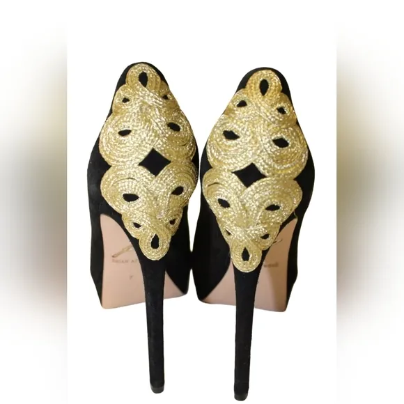 BRIAN ATWOOD DESIGNER PLATFORM PEEP TOE HEELS WITH PLATFORM. SUEDE &amp; LEATHET