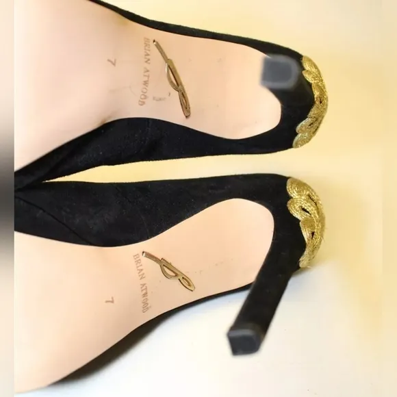 BRIAN ATWOOD DESIGNER PLATFORM PEEP TOE HEELS WITH PLATFORM. SUEDE &amp; LEATHET