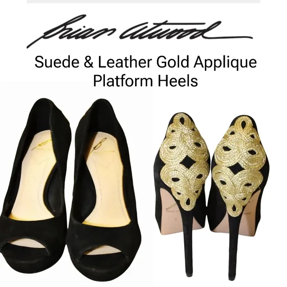 BRIAN ATWOOD DESIGNER PLATFORM PEEP TOE HEELS WITH PLATFORM. SUEDE &amp; LEATHET