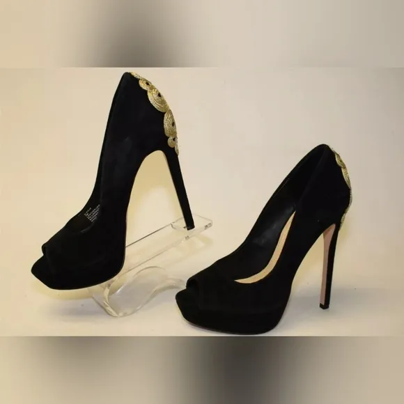 BRIAN ATWOOD DESIGNER PLATFORM PEEP TOE HEELS WITH PLATFORM. SUEDE &amp; LEATHET