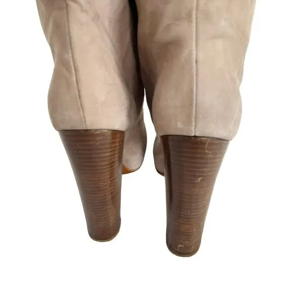 Brian Atwood Women's Sz 8.5 Natural Suede Leather High Stacked Heel Boots
