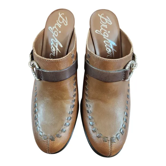 Brighton womens mules shoes sz 8 brown silver slip on heel clog leather