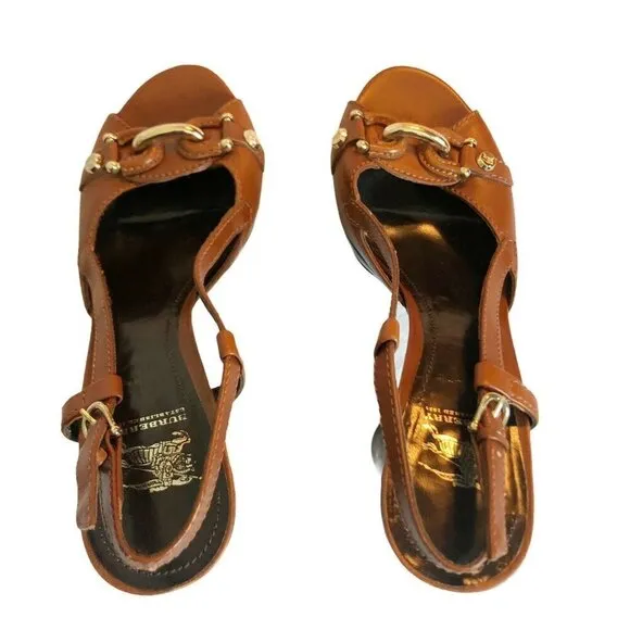 BURBERRY Women’s Sz 39 US 8.5 Carmel Brown Equestrian Style Sling Back Heels