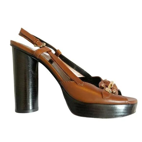 BURBERRY Women’s Sz 39 US 8.5 Carmel Brown Equestrian Style Sling Back Heels
