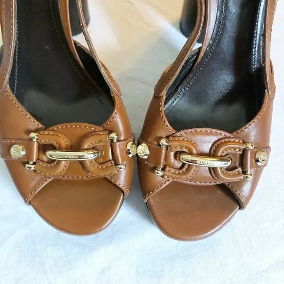 BURBERRY Women’s Sz 39 US 8.5 Carmel Brown Equestrian Style Sling Back Heels