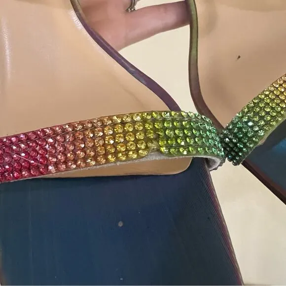 By Far Tanya multicolor rainbow iridescent crystal heeled mule sandal 37/7