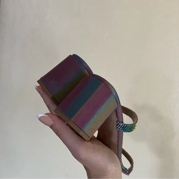 By Far Tanya multicolor rainbow iridescent crystal heeled mule sandal 37/7