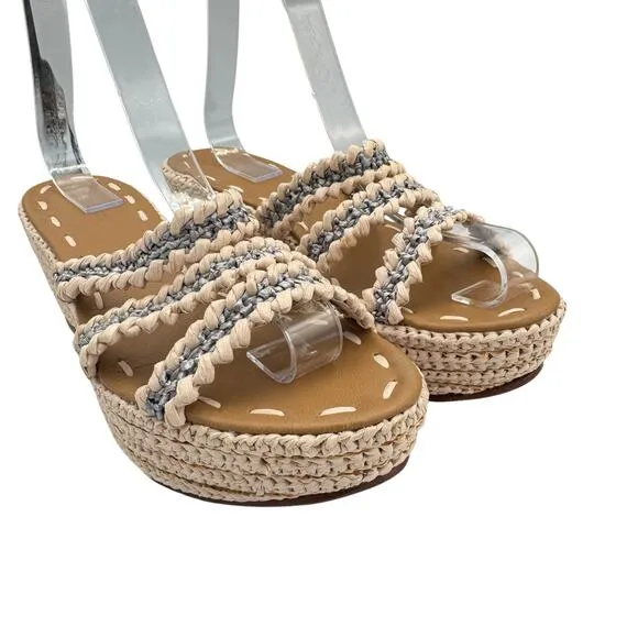 Carrie Forbes Said Raffia 3 Strap Neutral Gray Open Toe Espadrille Wedge Sandals