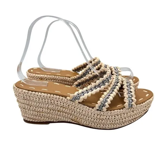 Carrie Forbes Said Raffia 3 Strap Neutral Gray Open Toe Espadrille Wedge Sandals