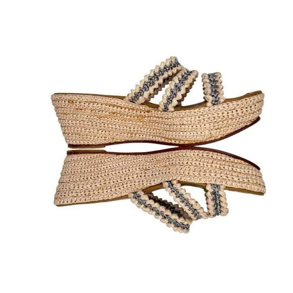 Carrie Forbes Said Raffia 3 Strap Neutral Gray Open Toe Espadrille Wedge Sandals