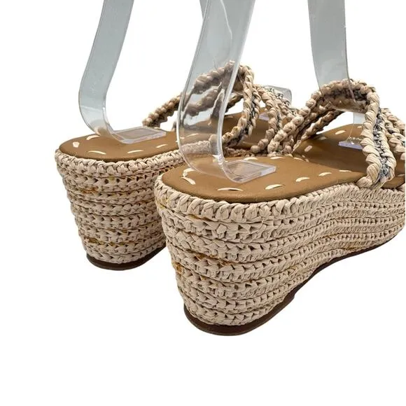 Carrie Forbes Said Raffia 3 Strap Neutral Gray Open Toe Espadrille Wedge Sandals