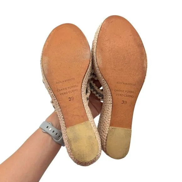 Carrie Forbes Said Raffia 3 Strap Neutral Gray Open Toe Espadrille Wedge Sandals