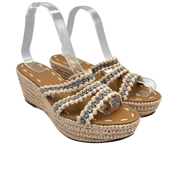 Carrie Forbes Said Raffia 3 Strap Neutral Gray Open Toe Espadrille Wedge Sandals