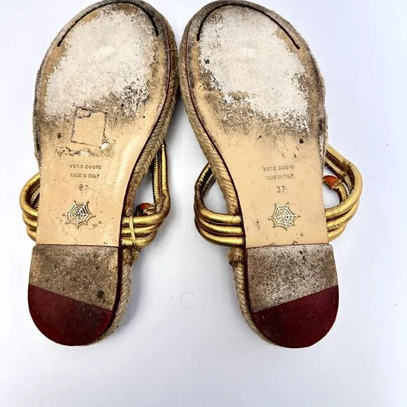 CHARLOTTE OLYMPIA Women's Metallic Gold Woven Thong Sandals SZ 37/US 7 Italy