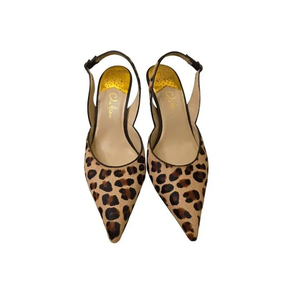 Charming Charlie Leopard Print Slingback Heels With Pointed Toe &amp; Buckle Strap