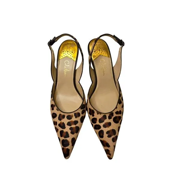 Charming Charlie Leopard Print Slingback Heels With Pointed Toe &amp; Buckle Strap