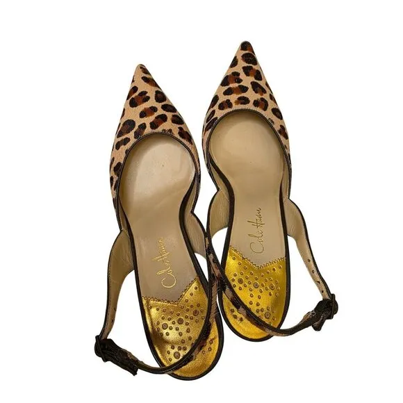 Charming Charlie Leopard Print Slingback Heels With Pointed Toe &amp; Buckle Strap