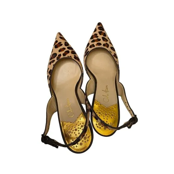 Charming Charlie Leopard Print Slingback Heels With Pointed Toe &amp; Buckle Strap