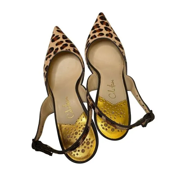 Charming Charlie Leopard Print Slingback Heels With Pointed Toe &amp; Buckle Strap