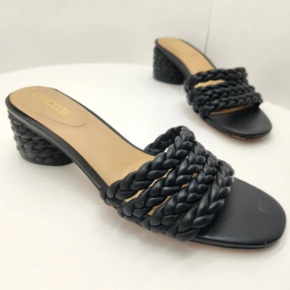 Chico's sandals 9.5M black woven leather Wilow mules chunky braided heel new$130