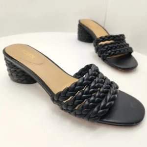 Chico's sandals 9.5M black woven leather Wilow mules chunky braided heel new$130