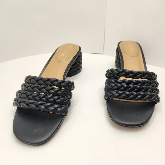 Chico's sandals 9.5M black woven leather Wilow mules chunky braided heel new$130