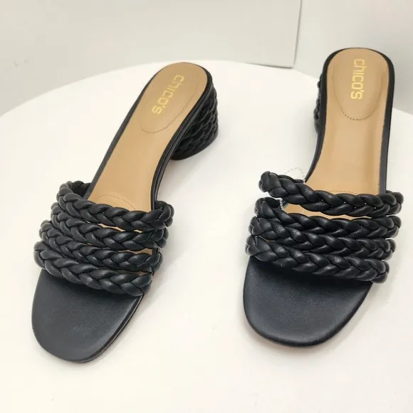 Chico's sandals 9.5M black woven leather Wilow mules chunky braided heel new$130