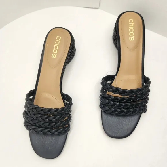 Chico's sandals 9.5M black woven leather Wilow mules chunky braided heel new$130
