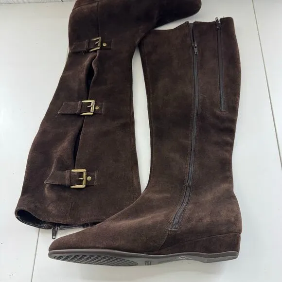 Chocolate Brown Buckle Suede Tall Riding Boots Brass Sarasota Aerosoles Size 8.5