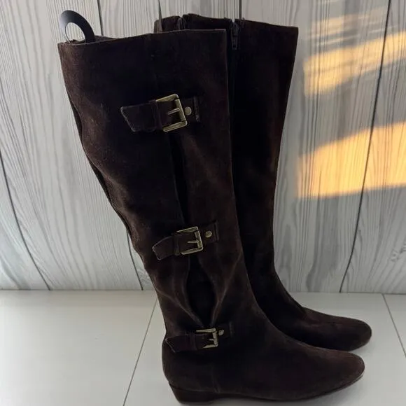 Chocolate Brown Buckle Suede Tall Riding Boots Brass Sarasota Aerosoles Size 8.5