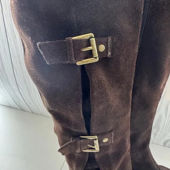 Chocolate Brown Buckle Suede Tall Riding Boots Brass Sarasota Aerosoles Size 8.5