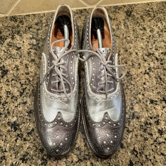Church's Burwood Leather Oxford Wingtip Shoes Women's 40 9 Metallic Silver Black