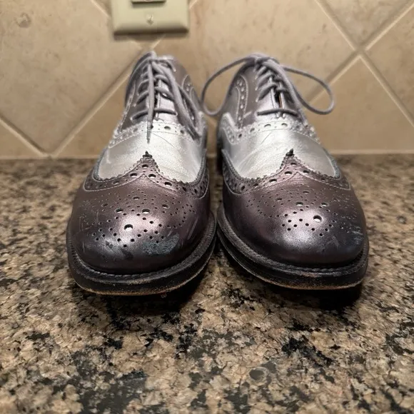 Church's Burwood Leather Oxford Wingtip Shoes Women's 40 9 Metallic Silver Black