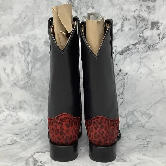 Circle G Kids Sz 2.5 Red Black Leather Leopard Print Shaft Cowgirl Boots P28-15
