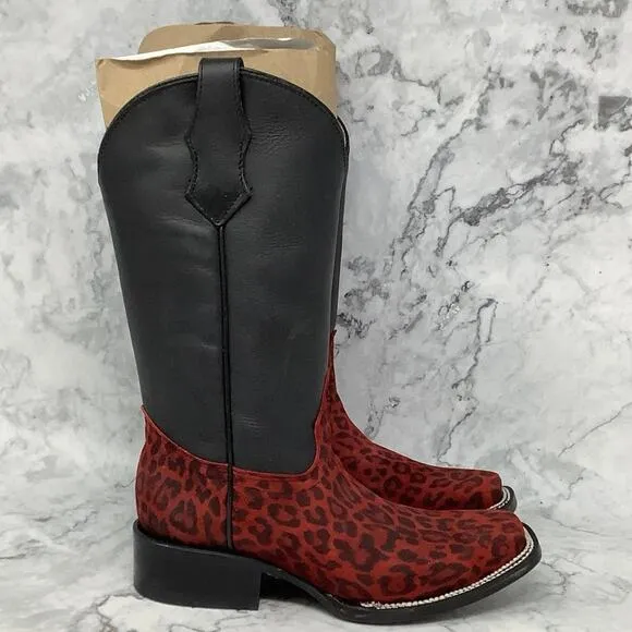 Circle G Kids Sz 2.5 Red Black Leather Leopard Print Shaft Cowgirl Boots P28-15