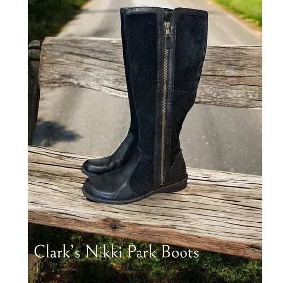 Clarks Black Nikki Park Suede Leather Side Zip Tall Equestrian Boots Size 8.5