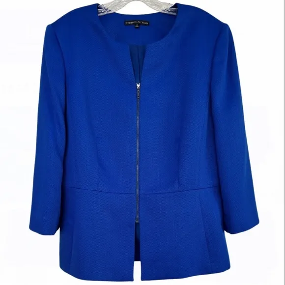 Classic Blazer Professional Power Suit Jacket Zip Up Round Vneck Blue Size 16