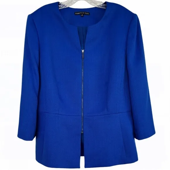 Classic Blazer Professional Power Suit Jacket Zip Up Round Vneck Blue Size 16