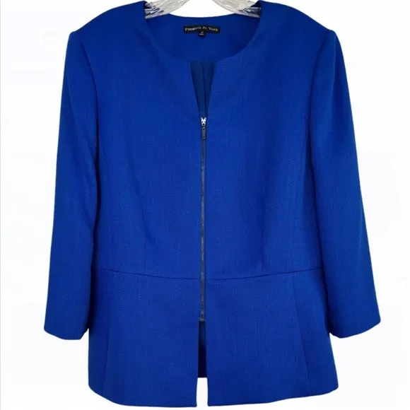 Classic Blazer Professional Power Suit Jacket Zip Up Round Vneck Blue Size 16