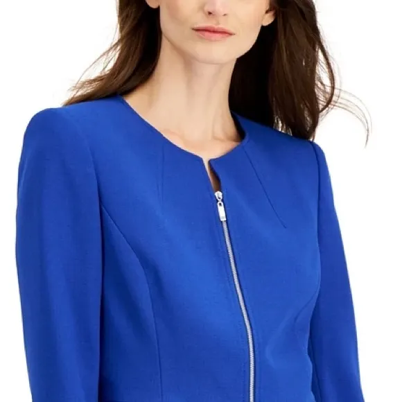 Classic Blazer Professional Power Suit Jacket Zip Up Round Vneck Blue Size 16
