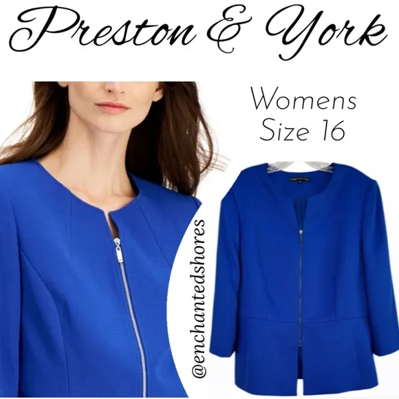 Classic Blazer Professional Power Suit Jacket Zip Up Round Vneck Blue Size 16