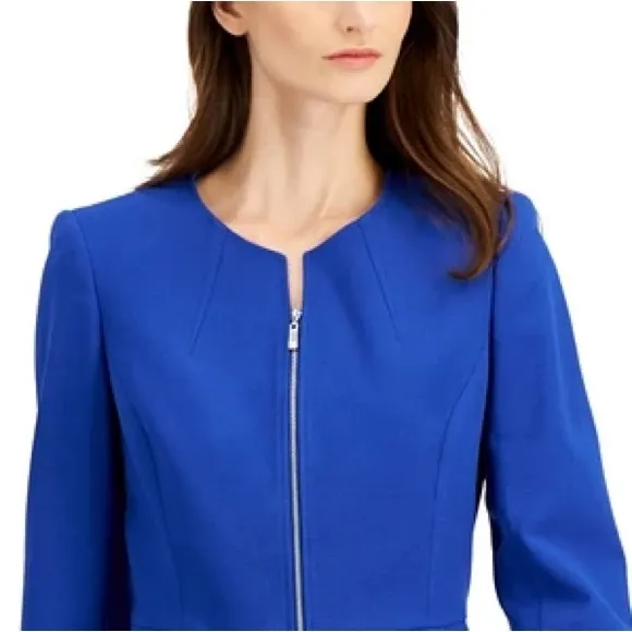 Classic Blazer Professional Power Suit Jacket Zip Up Round Vneck Blue Size 16