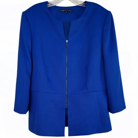 Classic Blazer Professional Power Suit Jacket Zip Up Round Vneck Blue Size 16