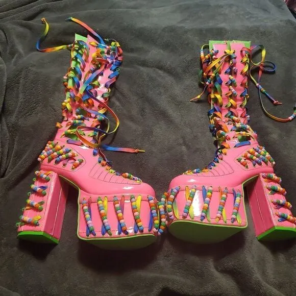 Club Exx Pink Rave Kandi Beaded Platform Shoes Size 7, 8, 9
