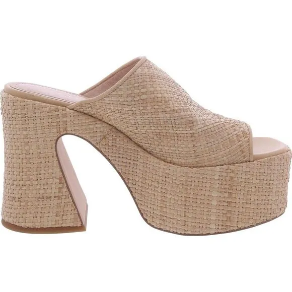 Coach Womens Beige Woven Slip On Raffia Platform Sandals Shoes NWOB