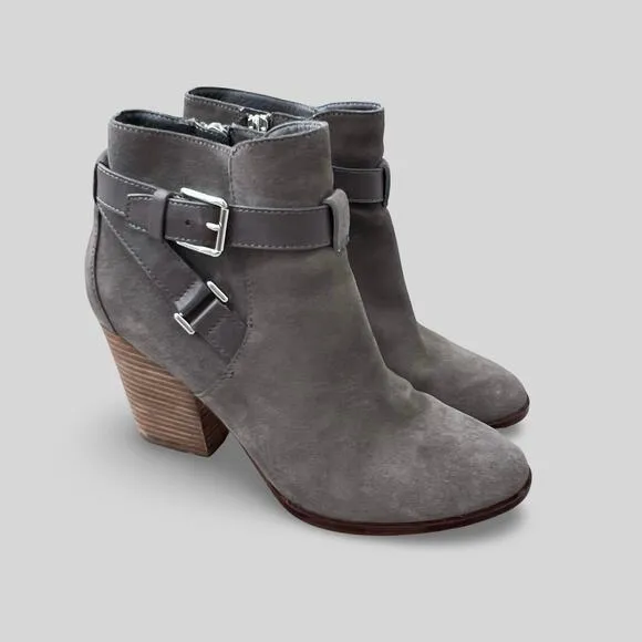 Cole Haan Minna Gray Suede Heeled Buckle Boots