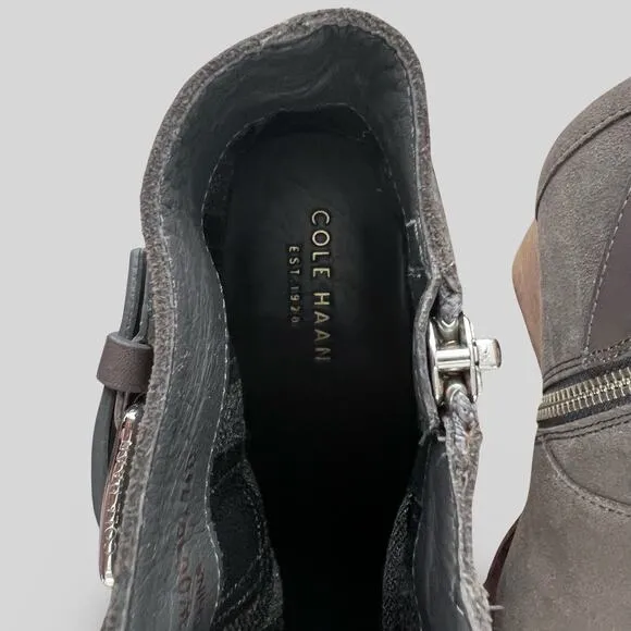Cole Haan Minna Gray Suede Heeled Buckle Boots