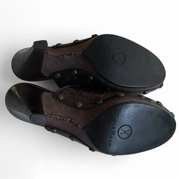 Cole Haan Women's  Kenna Brown Croc Leather Platform Heeled Mules Studded Sz: 6