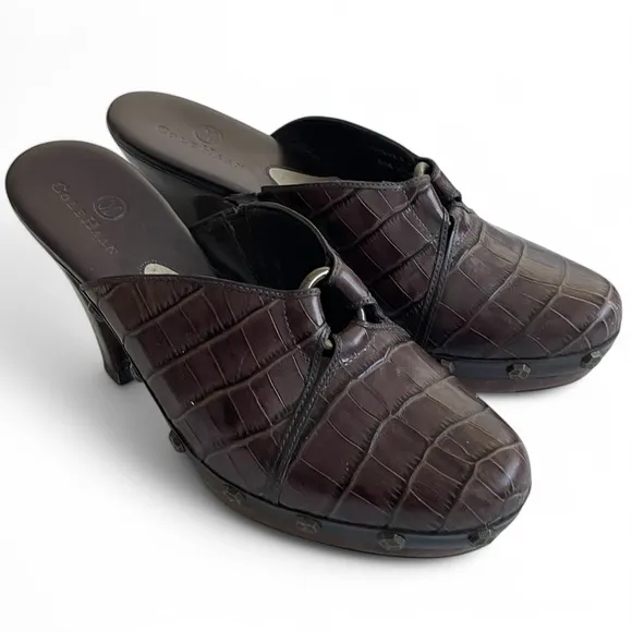 Cole Haan Women's  Kenna Brown Croc Leather Platform Heeled Mules Studded Sz: 6
